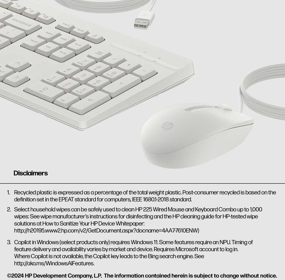 HP 225 G2 USB su laidu Pelė Klaviatūra Combo, Copilot Key - Cashmere Baltas - ESTONIAN
