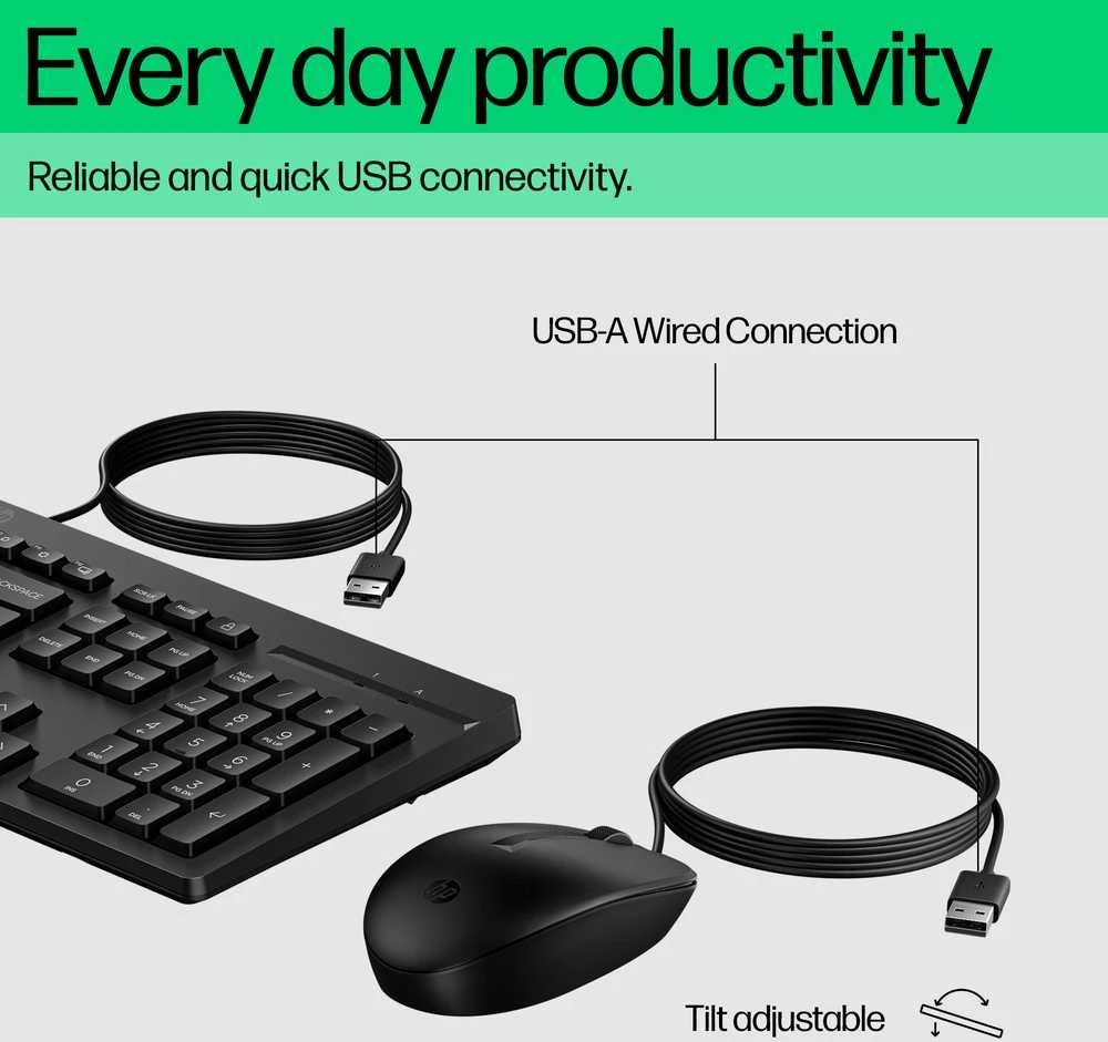 HP 225 G2 USB su laidu Pelė Klaviatūra Combo, Copilot Key, spill resistant - Juodas - US ENG