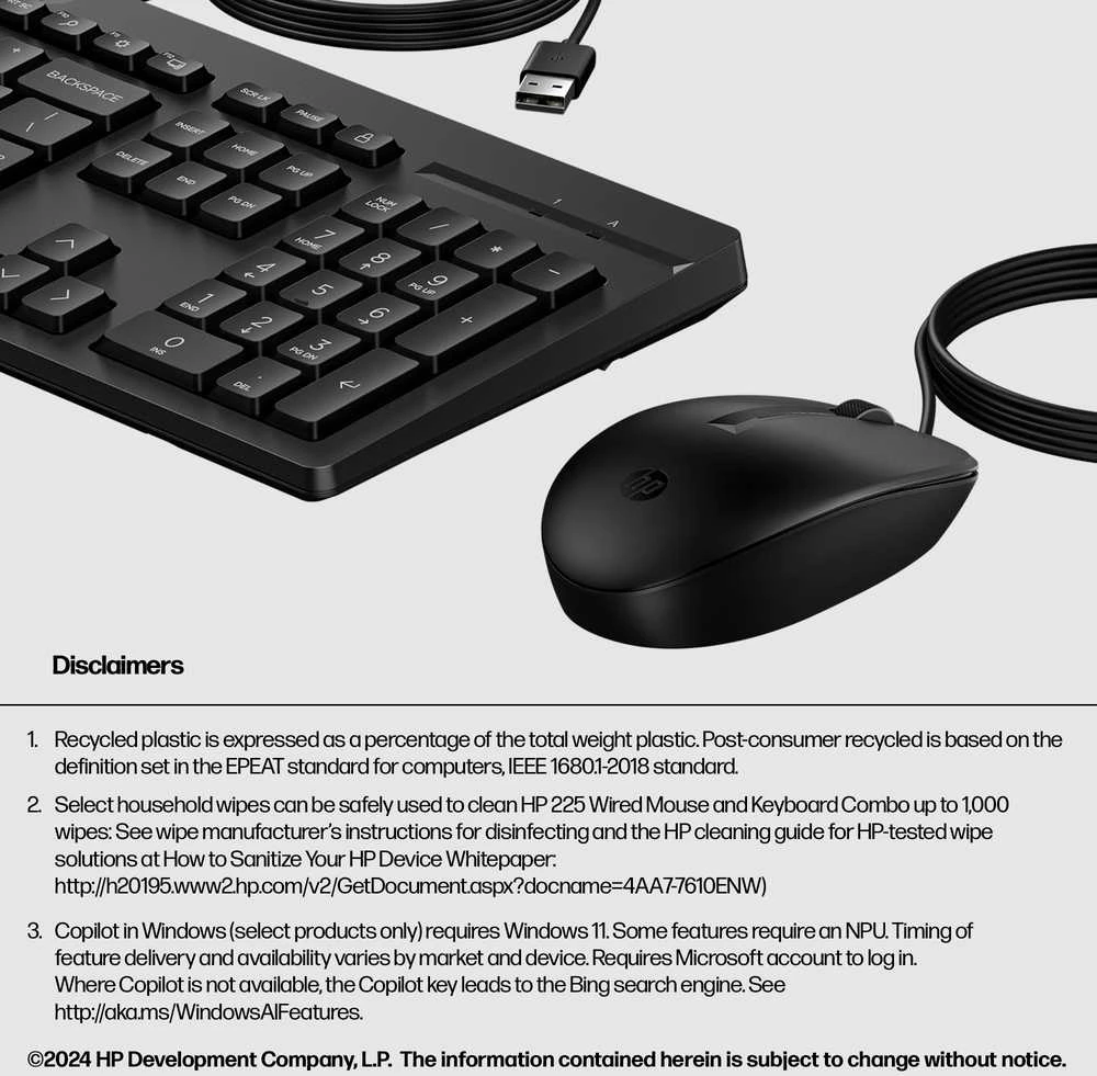 HP 225 G2 USB su laidu Pelė Klaviatūra Combo, Copilot Key, spill resistant - Juodas - US ENG
