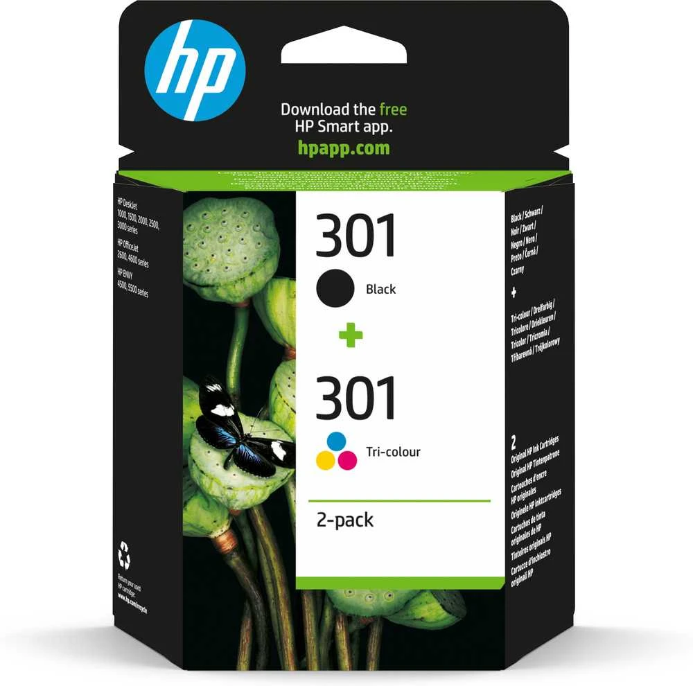 Hewlett Packard (HP) HP 301 2 juodų/trijų spalvų rašalo kasečių pakuotė, 190/165 puslapių, skirtos Deskjet 1510, 3055A, Officejet 2622