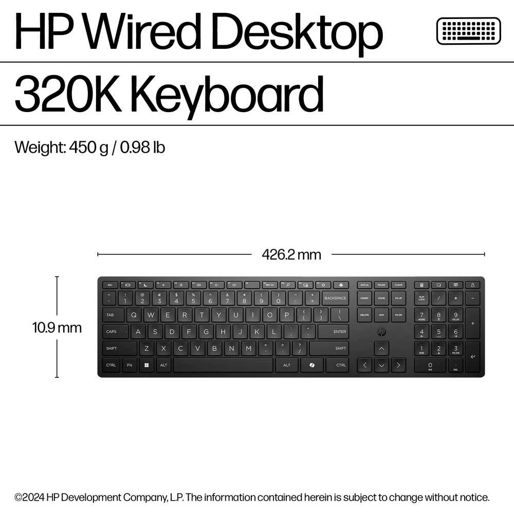HP 320K Klaviatūra su USB jungtimi su laidu - Juodas - US ENG