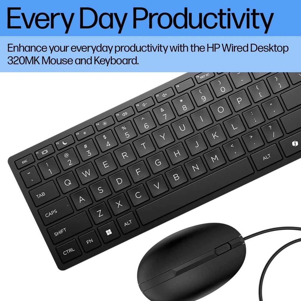 HP 320MK USB su laidu Pelė Klaviatūra Combo, spill resistant – Juodas - US ENG