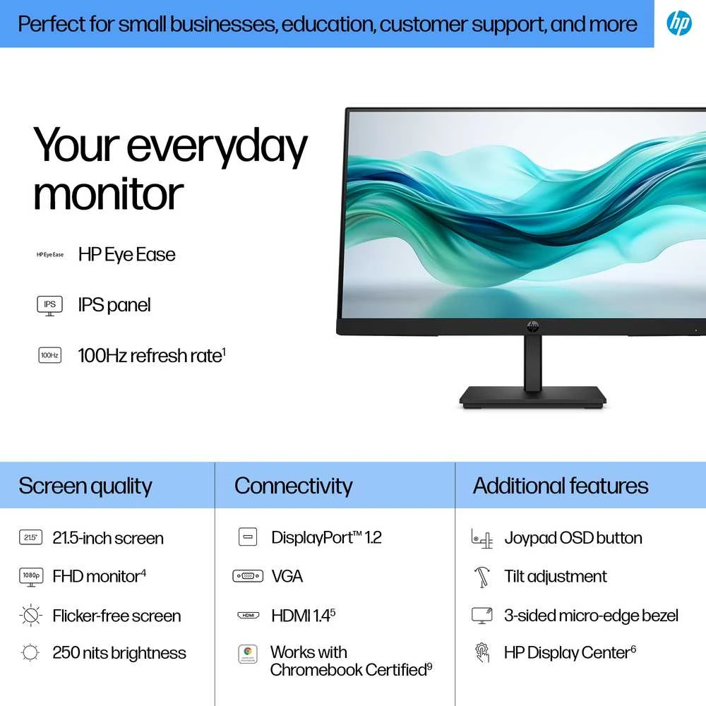 HP 322pf Series 3 Pro FHD monitorius - 21.5" 1920x1080 FHD 250-nit 100Hz AG, IPS, HDMI/VGA/DisplayPort, pakreipiamas, 3 metimai (pakeičia P22)