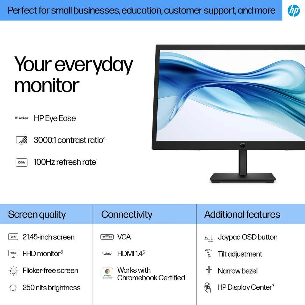 HP 322pv Series 3 Pro FHD monitorius - 21.45" 1920x1080 FHD 250-nit 100Hz AG, VA, HDMI/VGA, pakreipimas, 3 metimai (pakeičia P22v)