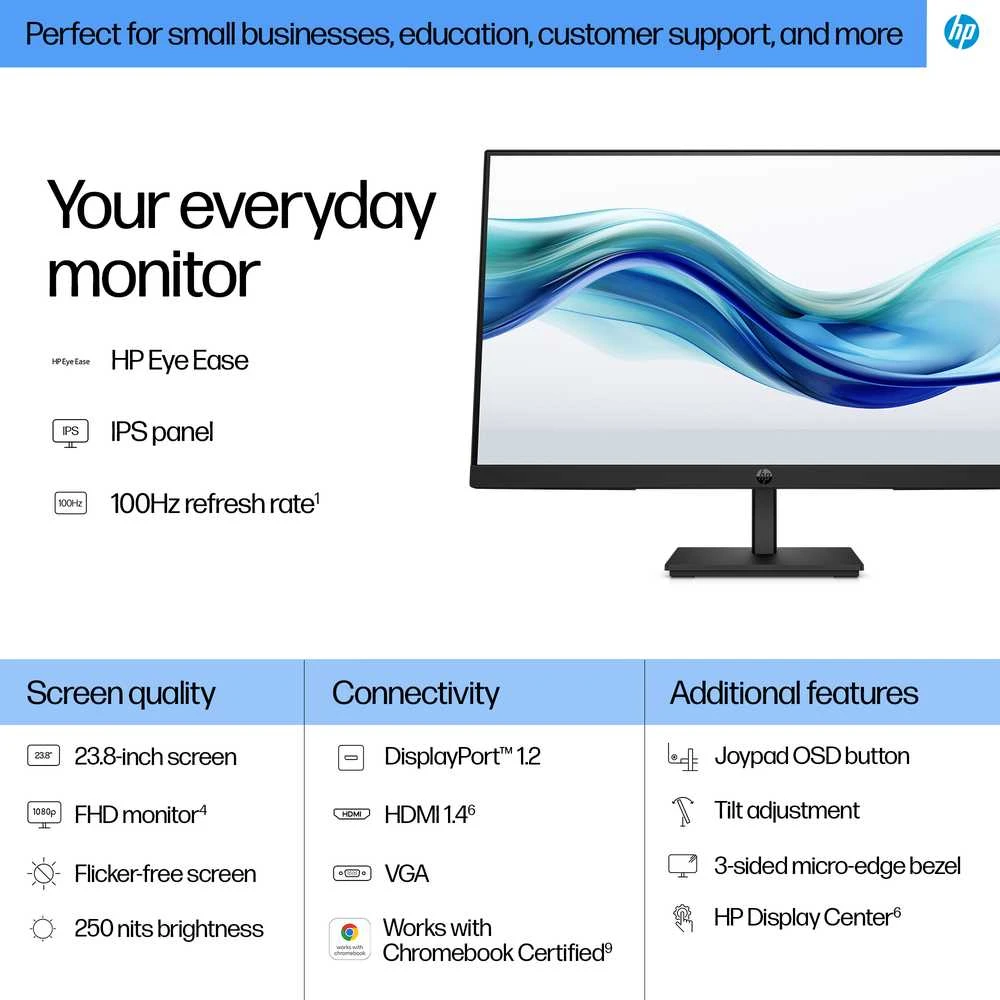 HP 324pf Series 3 Pro FHD monitorius - 23,8 colio 1920x1080 FHD 250 nitų 100 Hz AG, IPS, HDMI/VGA/DisplayPort, pakreipiamas, 3 colių (pakeičia P24)