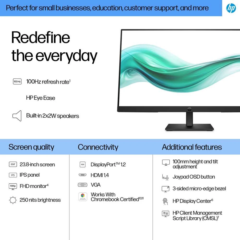 HP 324ph 3 serijos „Pro FHD“ monitorius – 23,8 colio 1920 x 1080 FHD 250 nitų 100 Hz AG, IPS, HDMI/VGA/DisplayPort, garsiakalbiai, reguliuojamo aukščio/pakreipimo, 3 metai (pakeičia P24h G5) (Pažeista pakuotė)