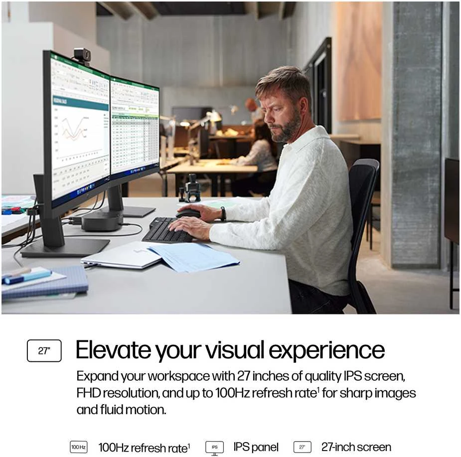 HP 327ph 3 serijos „Pro FHD“ monitorius – 27 colių įstrižainės, 1920 x 1080 FHD, 250 nitų, 100 Hz AG, IPS, HDMI/VGA/DisplayPort, garsiakalbiai, reguliuojamo aukščio/pakreipimo, 3 ekranai (pakeičia P27h G5)