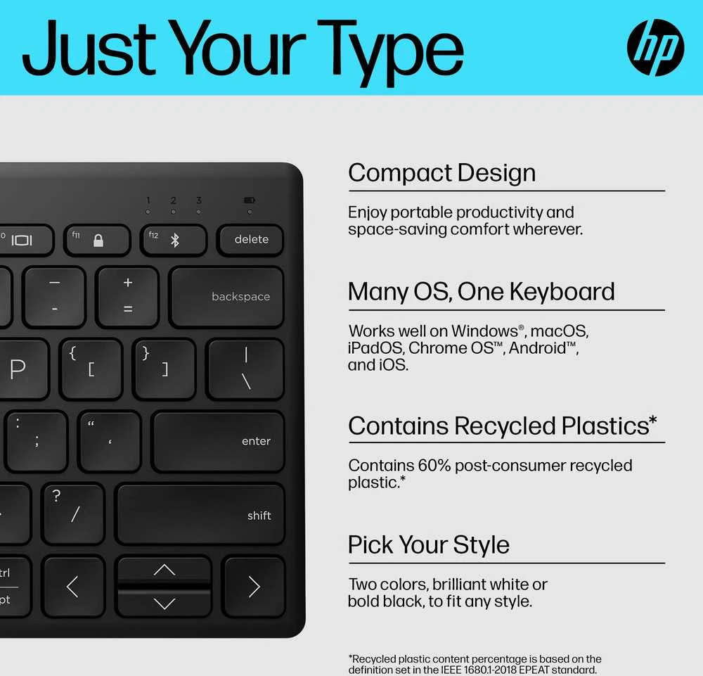 Hewlett Packard (HP) HP 350 kompaktiška belaidė „Bluetooth“ klaviatūra – keliems įrenginiams – juoda – JAV anglų k.
