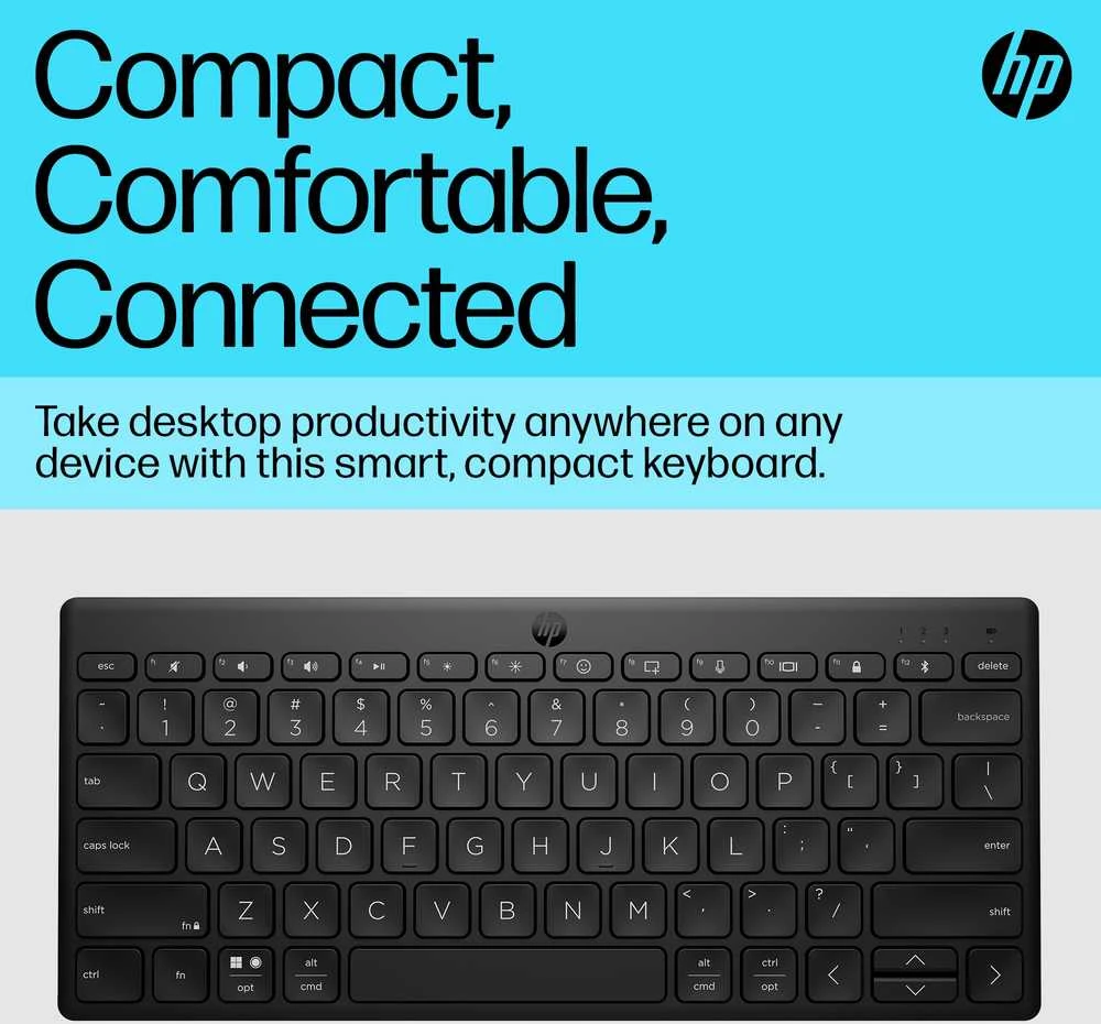 Hewlett Packard (HP) HP 350 kompaktiška belaidė „Bluetooth“ klaviatūra – keliems įrenginiams – juoda – JAV anglų k.