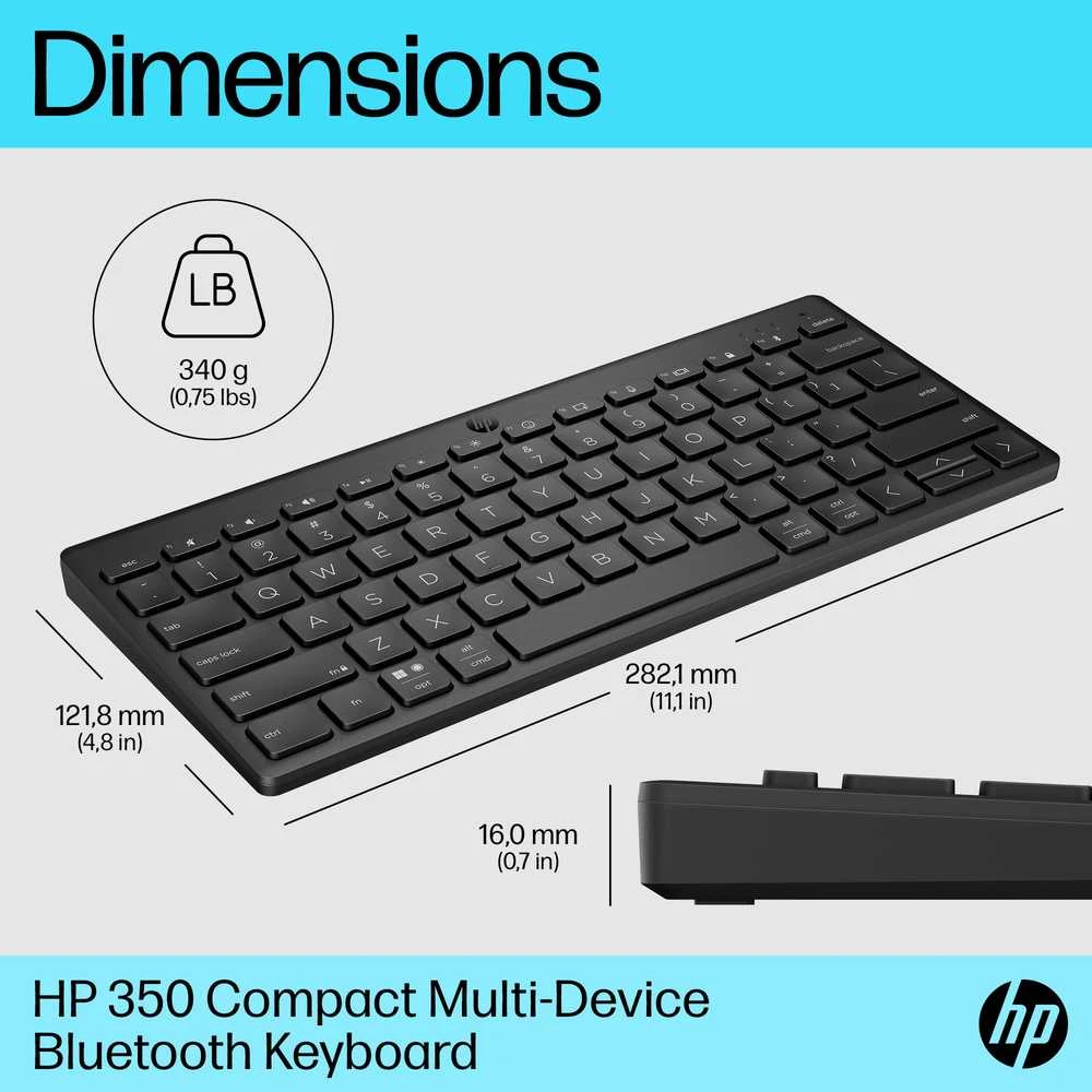 Hewlett Packard (HP) HP 350 kompaktiška belaidė „Bluetooth“ klaviatūra – keliems įrenginiams – juoda – JAV anglų k.