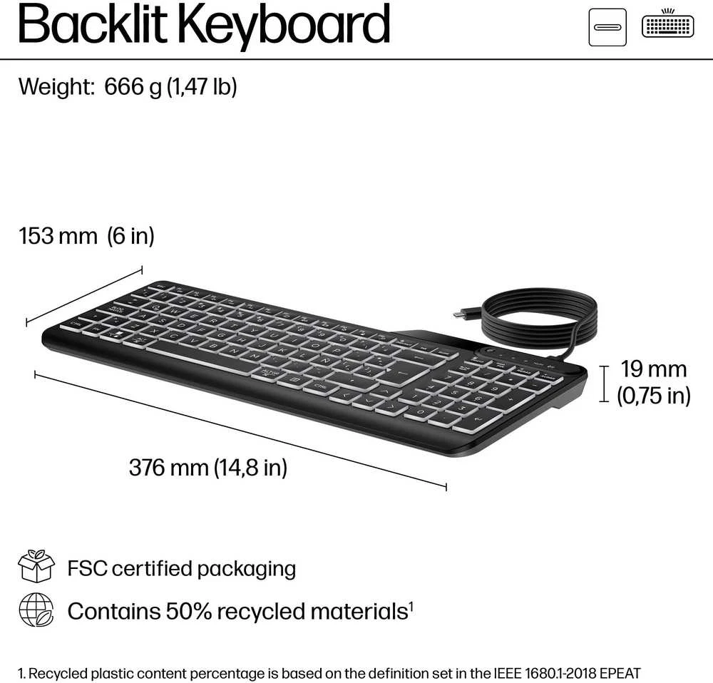 HP 405 su pašvietimu USB-C su laidu 24/7 Klaviatūra, Spill Resistant, Sanitizable, Programmable, Adjustable Tilt and LED brightness - Juodas - US ENG
