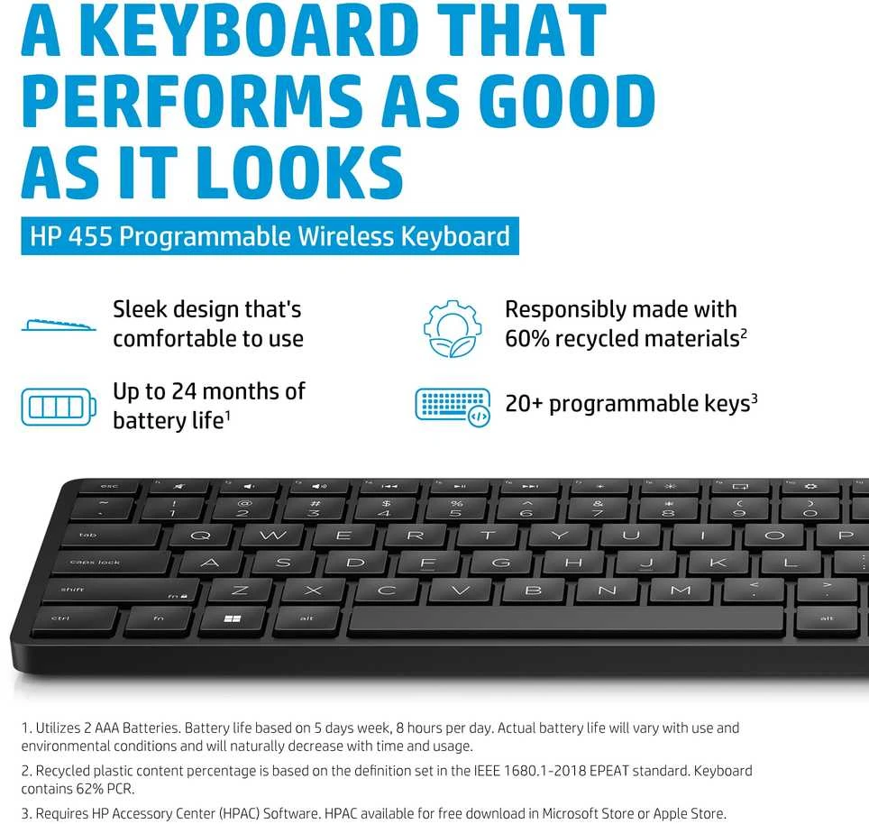Hewlett Packard (HP) HP 455 Programmable Belaidė klaviatūra, Sanitizable - Juodas - US ENG