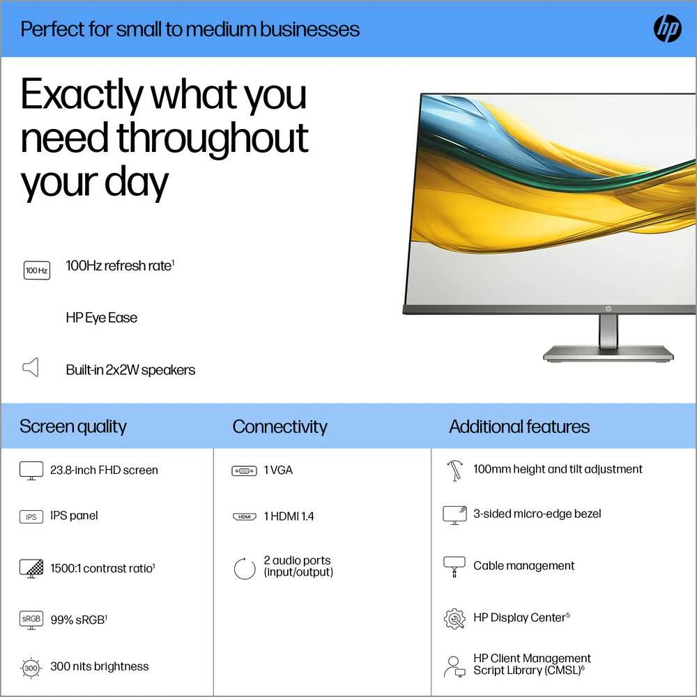 „HP 524da“ 5 serijos FHD monitorius – 23,8 colio 1920 x 1080 FHD 300 nitų 100 Hz AG, IPS, HDMI/VGA, garsiakalbiai, reguliuojamo aukščio/pakreipimo, 3 metai