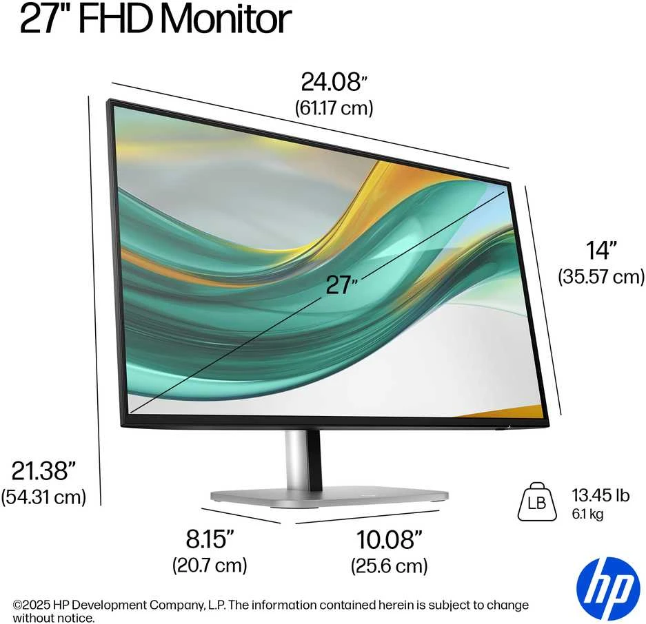 HP 527pf Series 5 Pro FHD Monitorius - 27" 1920x1080 FHD 350-nit 120Hz AG, IPS, HDMI/DisplayPort, 4x USB-A, height adjustable/tilt/swivel/pivot, 3 metai (replaces E27 G5)