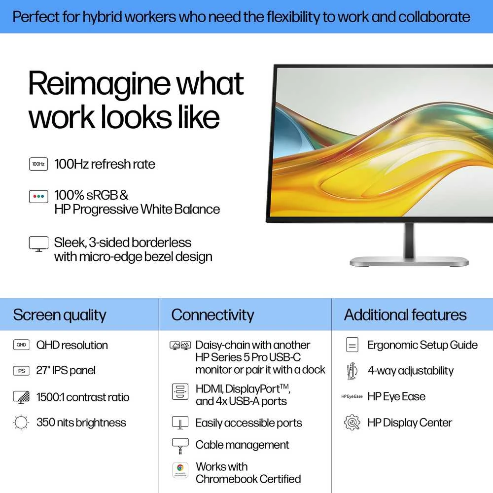 HP 527pq Series 5 Pro QHD monitorius – 27 colių 2560x1440 QHD 350 nitų 100Hz AG, IPS, HDMI/DisplayPort, 4x USB-A, reguliuojamas aukštis / pakreipimas / pasukamas / sukamas, 3 metai (pakeičia E27q G5)