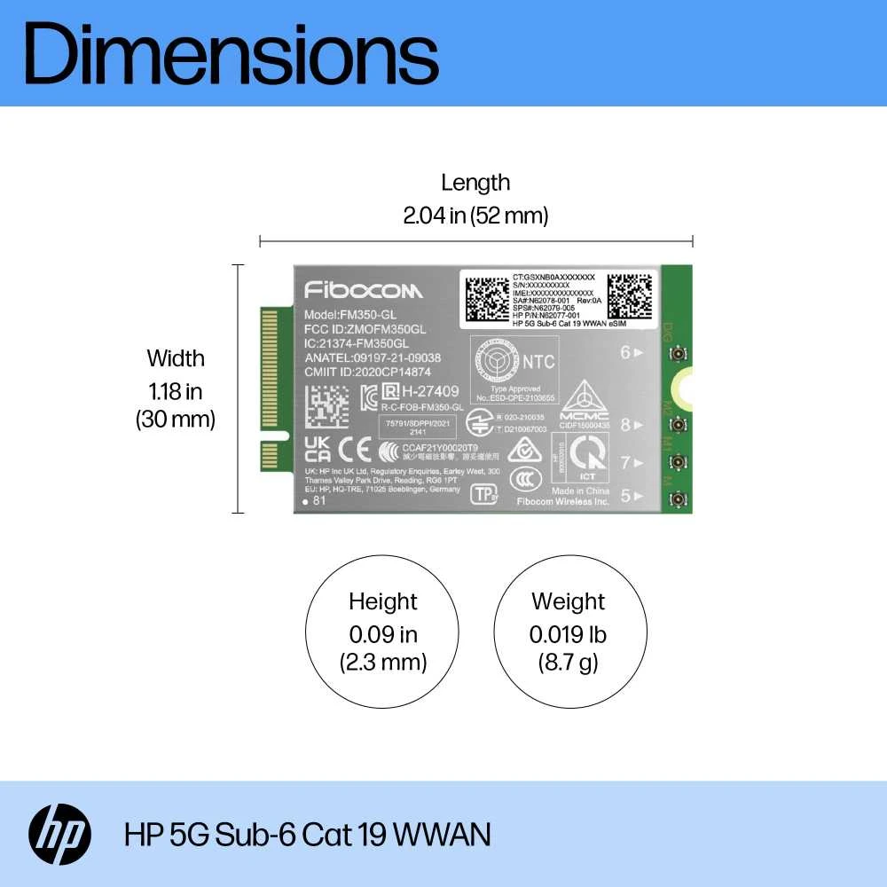 HP 5G modemas m.2 WWAN 4G/5G Sub-6 GHz FM350-GL mobilusis plačiajuostis ryšys (suderinamas su WWAN palaikančiais „EliteBook 830 835 840 845 860 865 1040 G11“, „x360 G11“, „ZBook Firefly Fury 14 16 G11 G11A“)