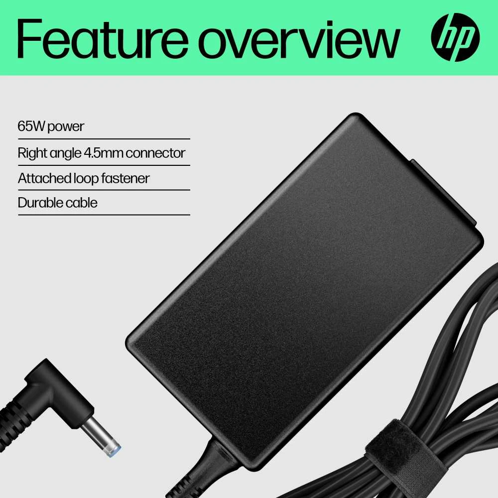 Hewlett Packard (HP) HP 65 W išmanusis kintamosios srovės maitinimo adapteris – nešiojamojo kompiuterio įkroviklis, 4,5 mm jungtis su 7,4 mm adapteriu / tinka HP 200 serijos, „ProBook 400/600“ serijos, „EliteBook 700/800“ serijos kompiuteriams