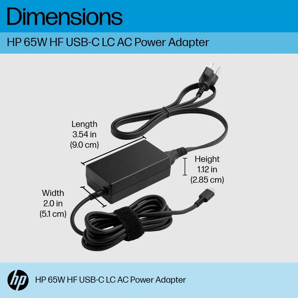 HP 65W USB-C kroviklio techninių matmenų schema