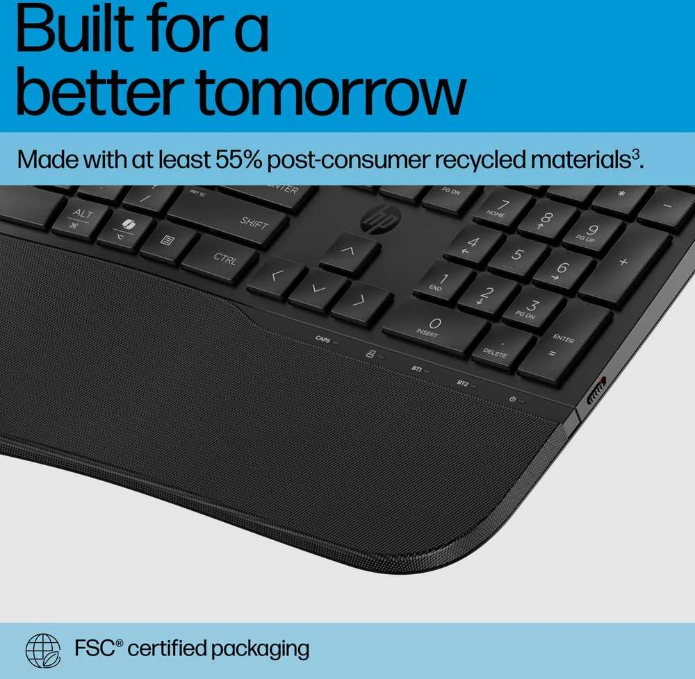 HP 685 Comfort belaidis „Bluetooth“ bangų formos klaviatūra su delno atrama - dviejų režimų, dezinfekuojamas, programuojamas, reguliuojamo kampo, pakreipimo, atsparus išsiliejimui - Juodas - US ENG