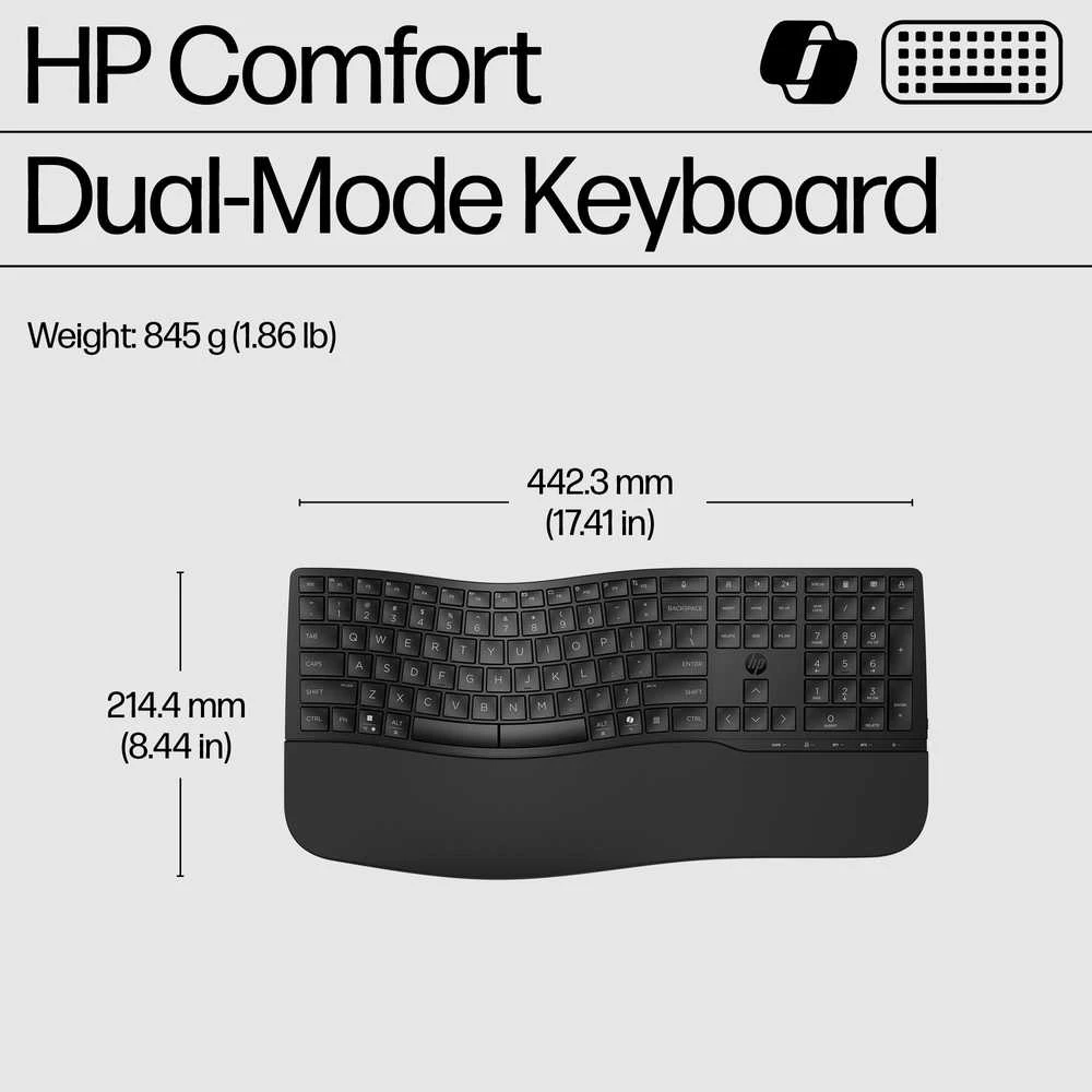 HP 685 Comfort belaidis „Bluetooth“ bangų formos klaviatūra su delno atrama - dviejų režimų, dezinfekuojamas, programuojamas, reguliuojamo kampo, pakreipimo, atsparus išsiliejimui - Juodas - US ENG
