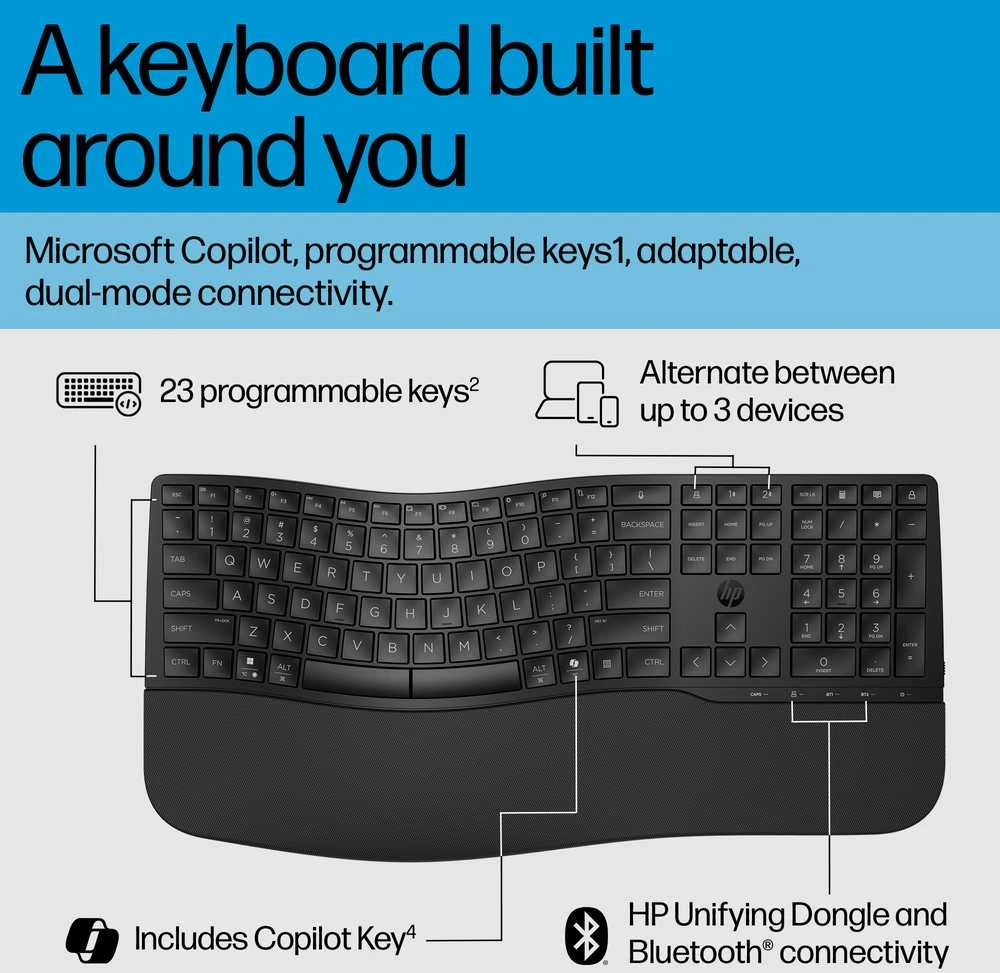 HP 685 Comfort belaidis „Bluetooth“ bangų formos klaviatūra su delno atrama - dviejų režimų, dezinfekuojamas, programuojamas, reguliuojamo kampo, pakreipimo, atsparus išsiliejimui - Juodas - US ENG