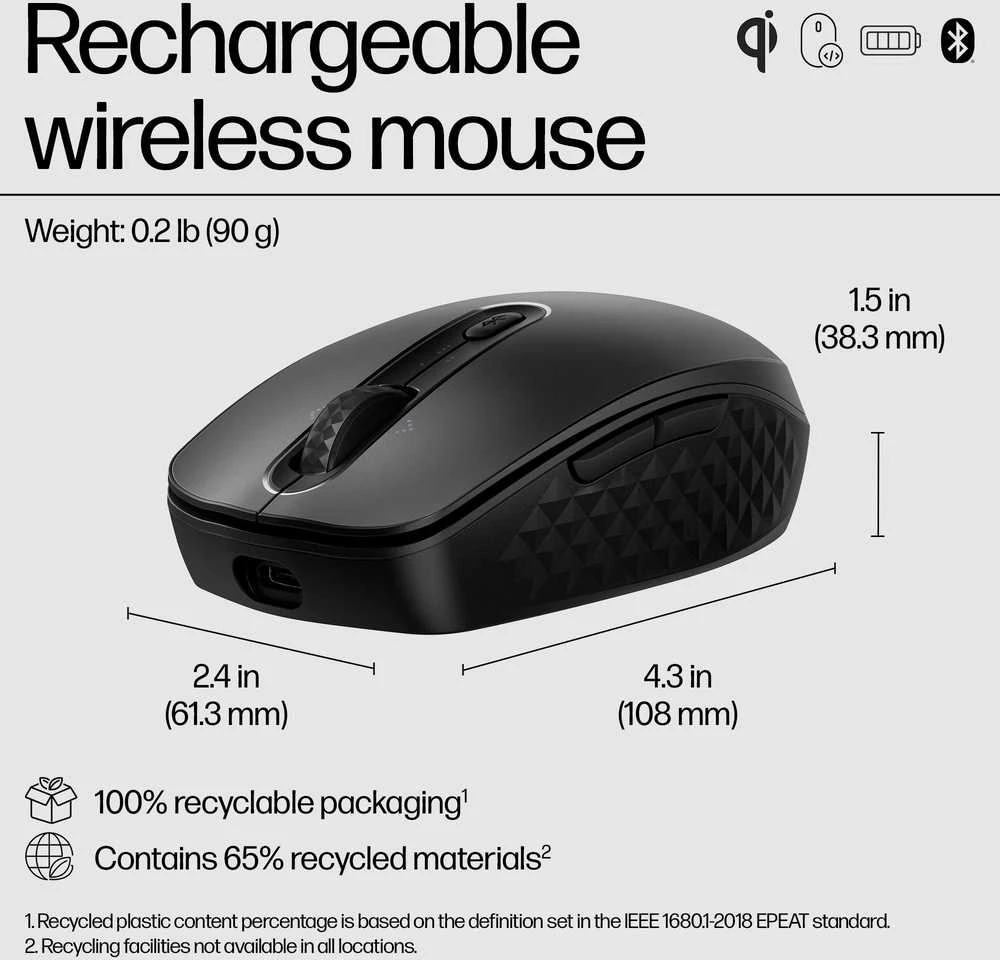 HP 695 Wireless Bluetooth Pelė – belaidis Qi-įkrovimas, programuojamas, 4 krypčių slinkimas – Juodas