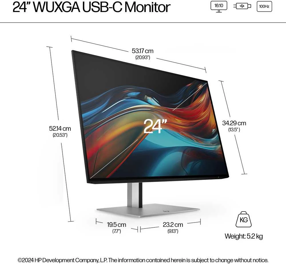 HP 724pu Series 7 Pro WUXGA įkrovimo monitorius – 24 colių 1920x1200 WUXGA 350 nitų 100Hz AG, IPS, USB-C(100W)/HDMI/DisplayPort Daisy-Chain, 4x USB-A, RJ-45/tilt/, reguliuojamas aukštis pasukamas / pasukamas, 3 metai (pakeičia Z24u G3)