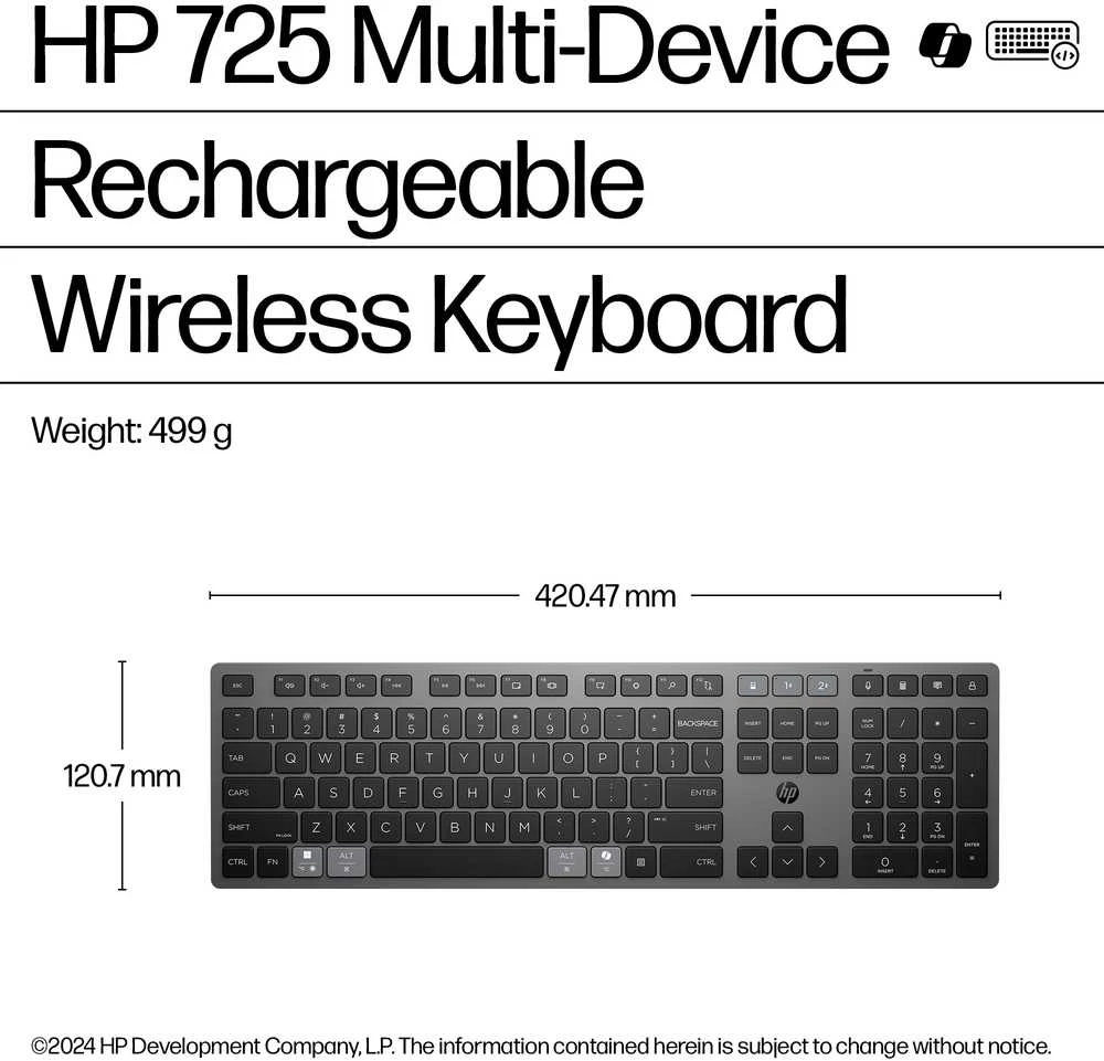 HP 725 Belaidė klaviatūra - Multi-Device, Dual-Mode, Programmable, Rechargeable - Nightfall Juodas, spill resistant - ENG