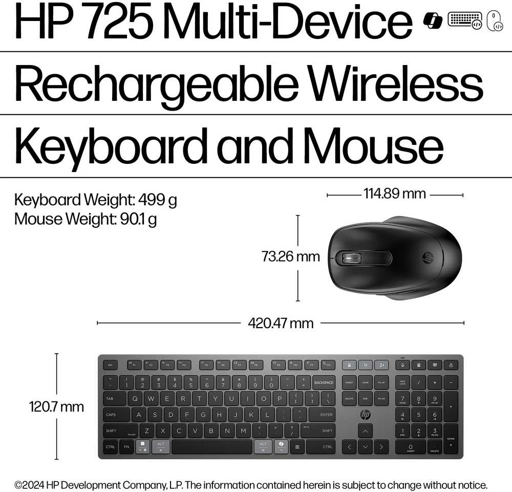 Hewlett Packard (HP) HP 725 Multi-Device Rechargeable Belaidė klaviatūra ir pelė Combo EURO