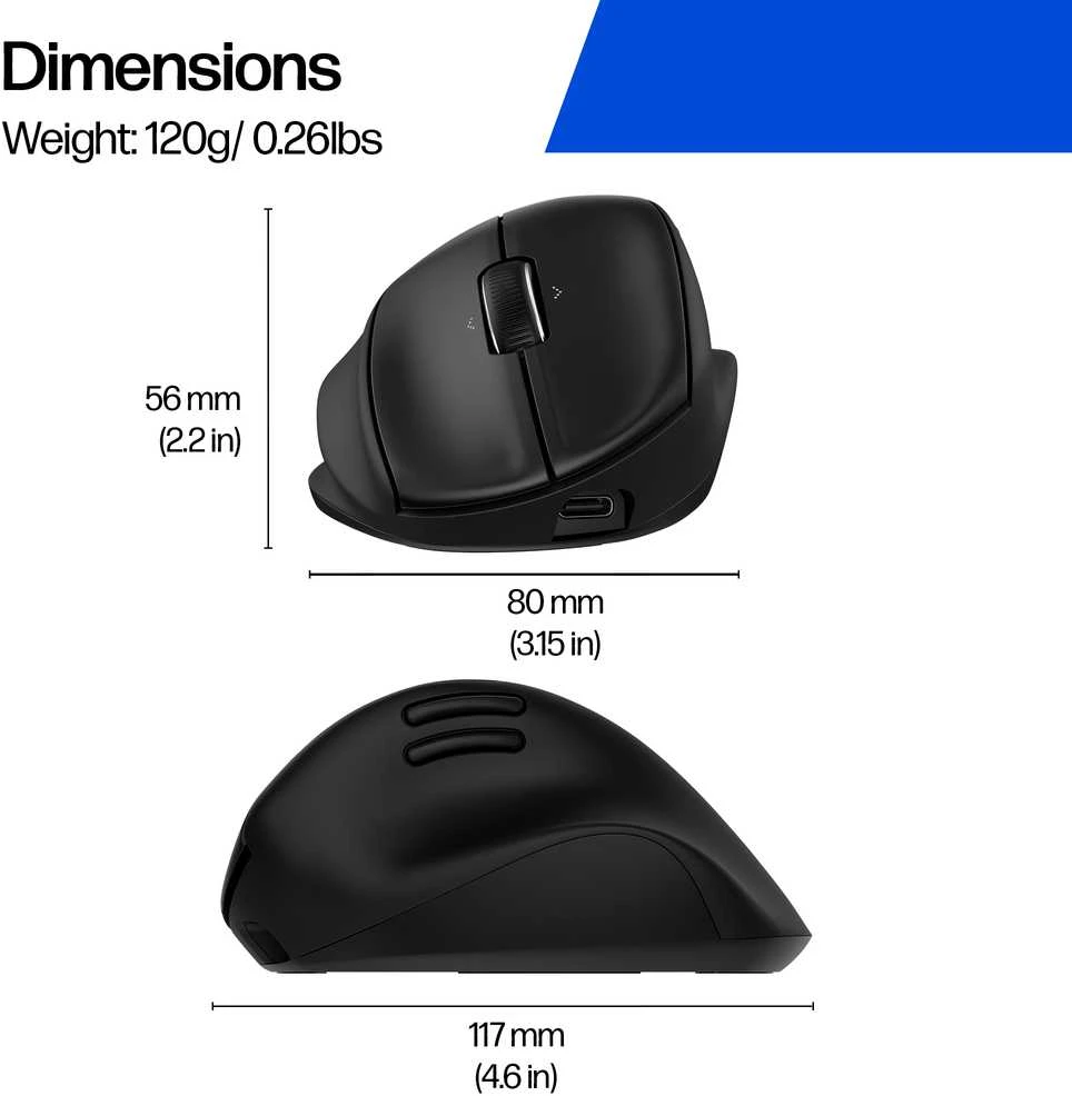 HP 725M superkondensatorinis ergonomiškas pakreipimo belaidis „Bluetooth“ pelė - programuojamas, daugiapaviršinis, daugiaįrenginis, dviejų režimų, itin greitai įkraunamas, pusiau vertikalus pakreipimas, patogus silikoninis - Juodas
