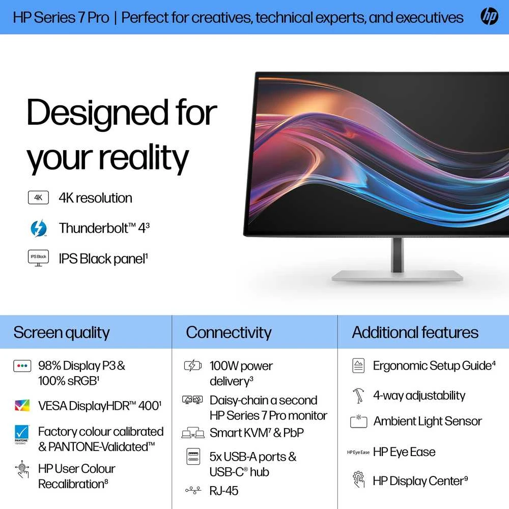 Hewlett Packard (HP) HP 727pk Series 7 Pro 4K TB4 įkrovimo monitorius - 27 colių 3840x2160 UHD 400 nitų 60Hz AG, IPS Juodas HDR 400, USB-C (100W/15W)/HDMI/DisplayPort Daisy-Chain, 5x USB-A, RJ-45 LAN, reguliuojamo aukščio / pakreipimo / pasukimo / sukimosi kampą, 3 metai (pakeičia Z27k G3)