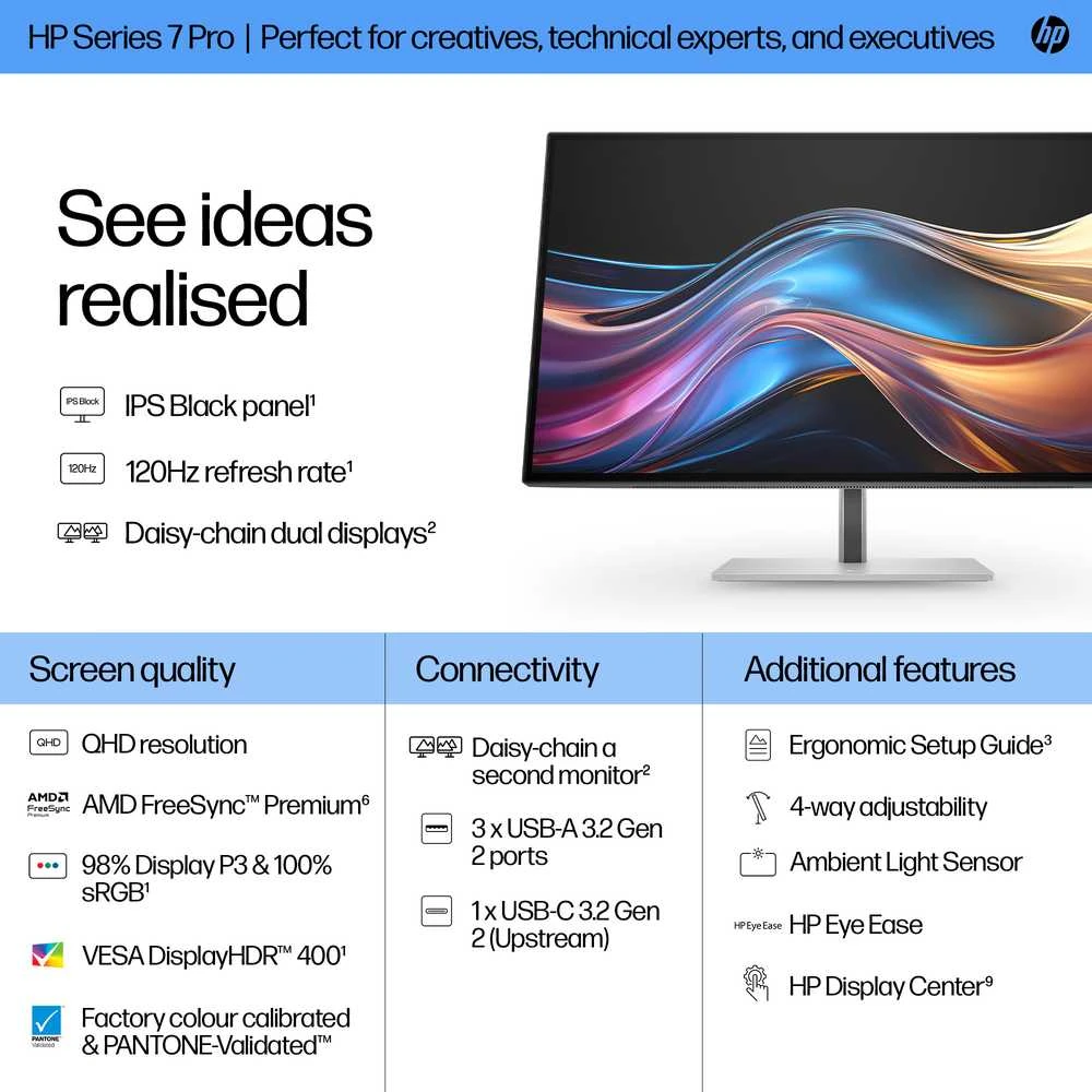 HP 727pq Series 7 Pro QHD monitorius - 27" 2560x1440 QHD 400-nit 120Hz AG, IPS Juodas HDR 400, USB-C(15W)/HDMI/DisplayPort Daisy-Chain, 3x USB-A, reguliuojamas aukštis/pivot/ti , 3 metai (pakeičia Z27q G3)