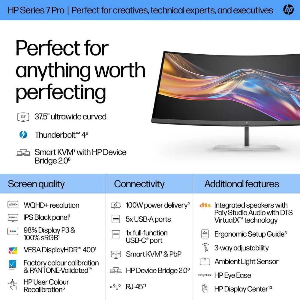 HP 738pu serijos 7 Pro lenktas TB4 įkrovimo monitorius - 37.5" 3840x1600 WQHD+ 400 nitų 60Hz AG, lenktas, IPS Juodas HDR 400, USB-C (100W/65W/15W)/HDMI/ DP Daisy-Chain, 5x USB-A, garsiakalbiai, RJ-45 LAN, reguliuojamo aukščio / pakreipimo / pasukimo, 3 metai (Z38c)