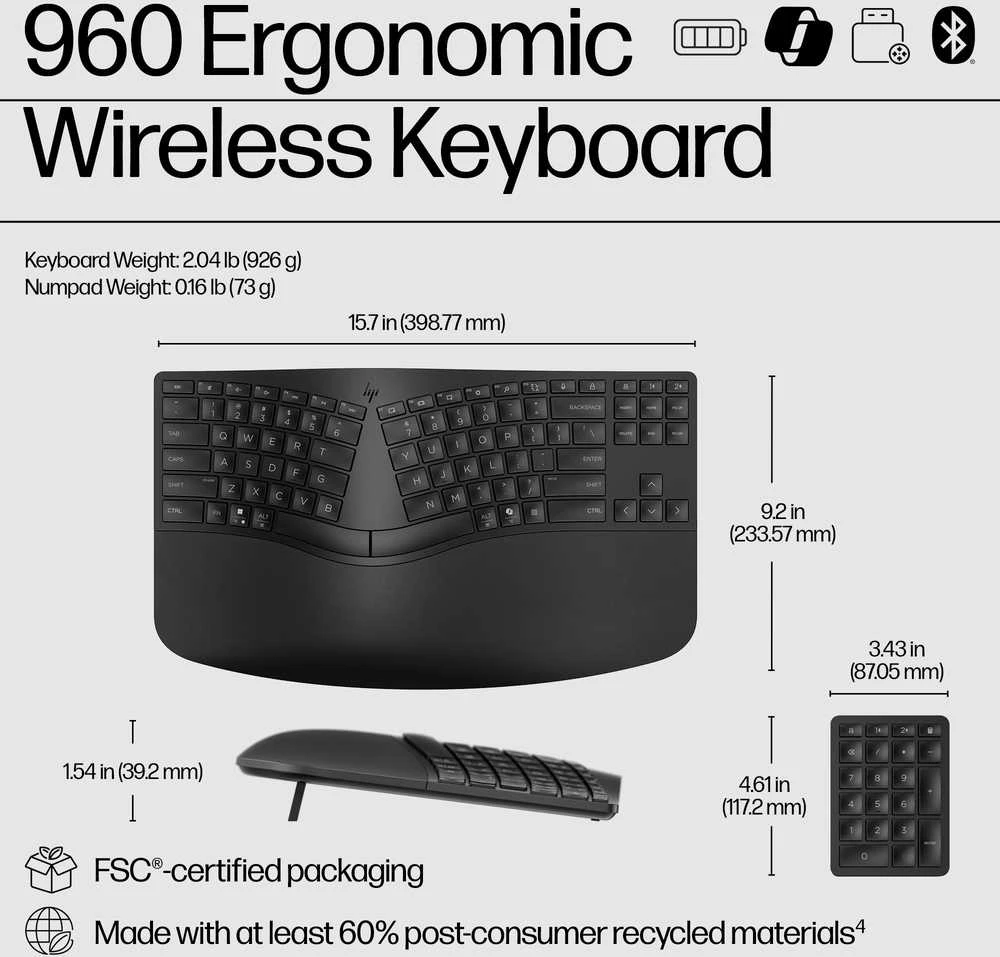 HP 965 Ergonomic Wireless Bluetooth Klaviatūra klaviatūra Combo, Sanitizable, Programmable, Split Zone išdėstymas w/Negative Tilt (adjustable) - Juodas - US ENG
