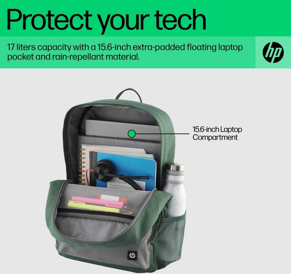 Hewlett Packard (HP) HP Campus 15.6 Backpack - 17 Liter Capacity - Žalias, Light Pilkas