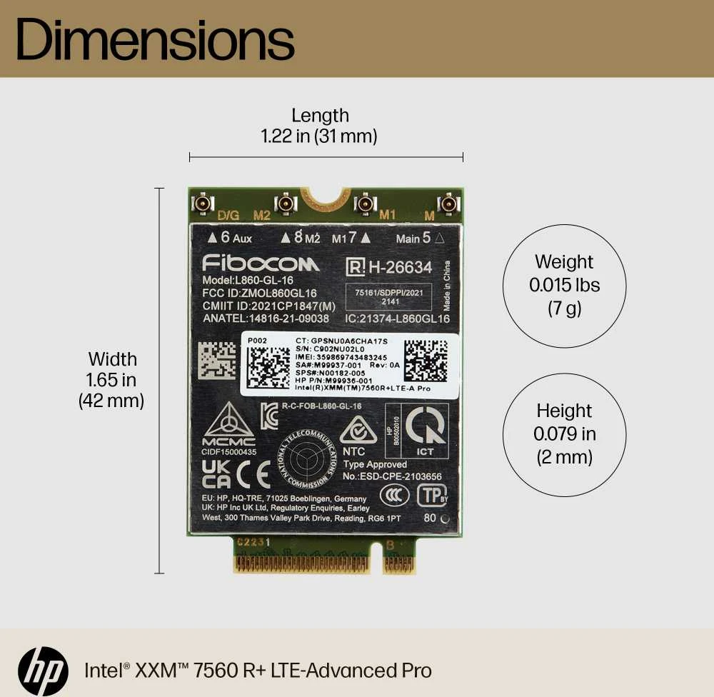 Hewlett Packard (HP) HP Intel XMM 7560 R+ LTE Advanced PRO m.2 4G WWAN Cat 16 mobilusis plačiajuostis korinis modemas (EliteBook 840 G10, x360 830 G10, ProBook 640 G10, 450 G10, ZBook 16 G10)