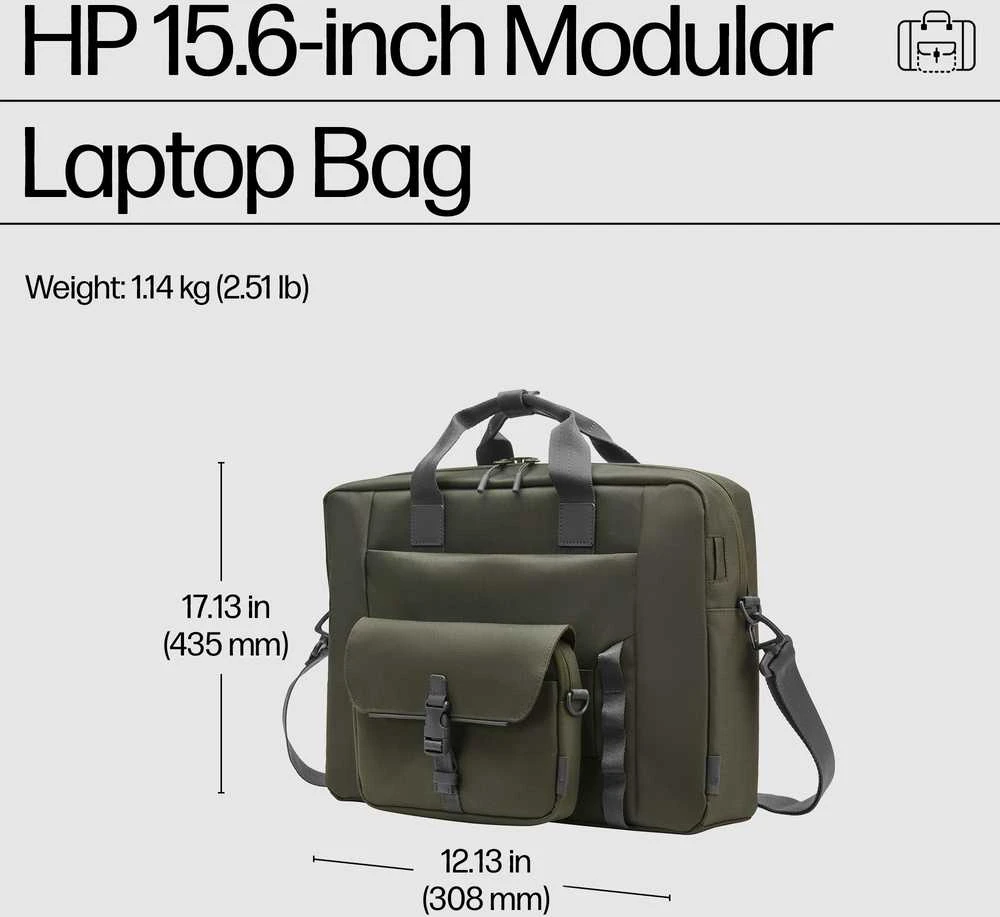 „HP Modular 15.6 Top Load“, „Trys viename“ (RFID maišelis, apkrova iš viršaus, įvorė), atsparus „Vanduo“, praleidžiamas laidas, 22 litrų talpa – tamsiai alyvuogių spalvų „Žalias“