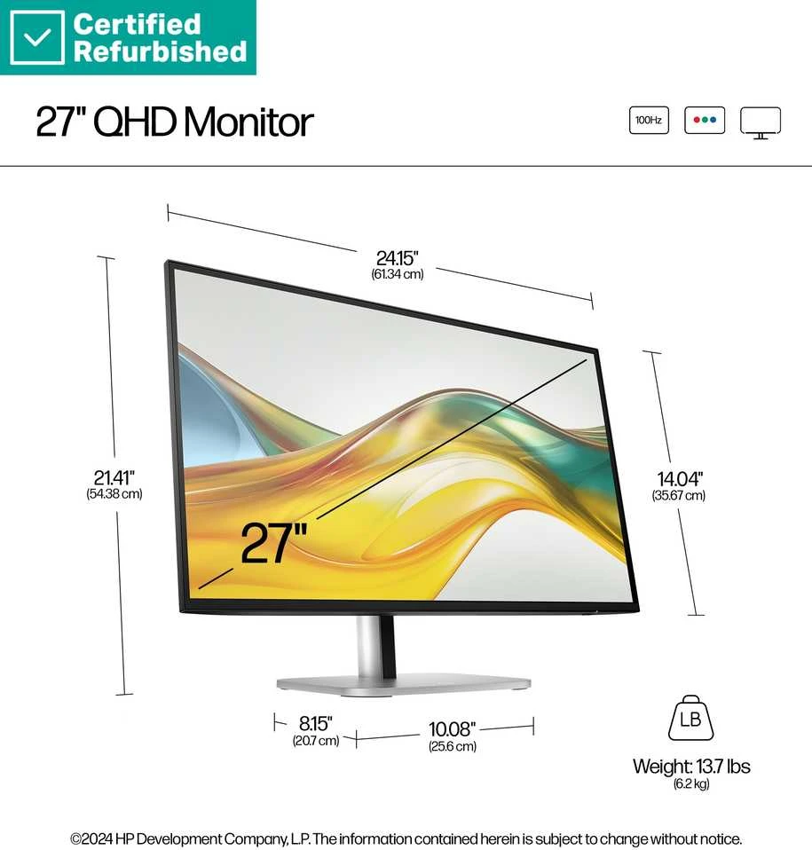Hewlett Packard (HP) RENEW Sidabrinis HP 527pq Series 5 Pro QHD Monitorius - 27" 2560x1440 QHD 350-nit 100Hz AG, IPS, HDMI/DisplayPort, 4x USB-A, height adjustable/tilt/swivel/pivot, 1 metai (replaces E27q G5) (Atnaujinta)