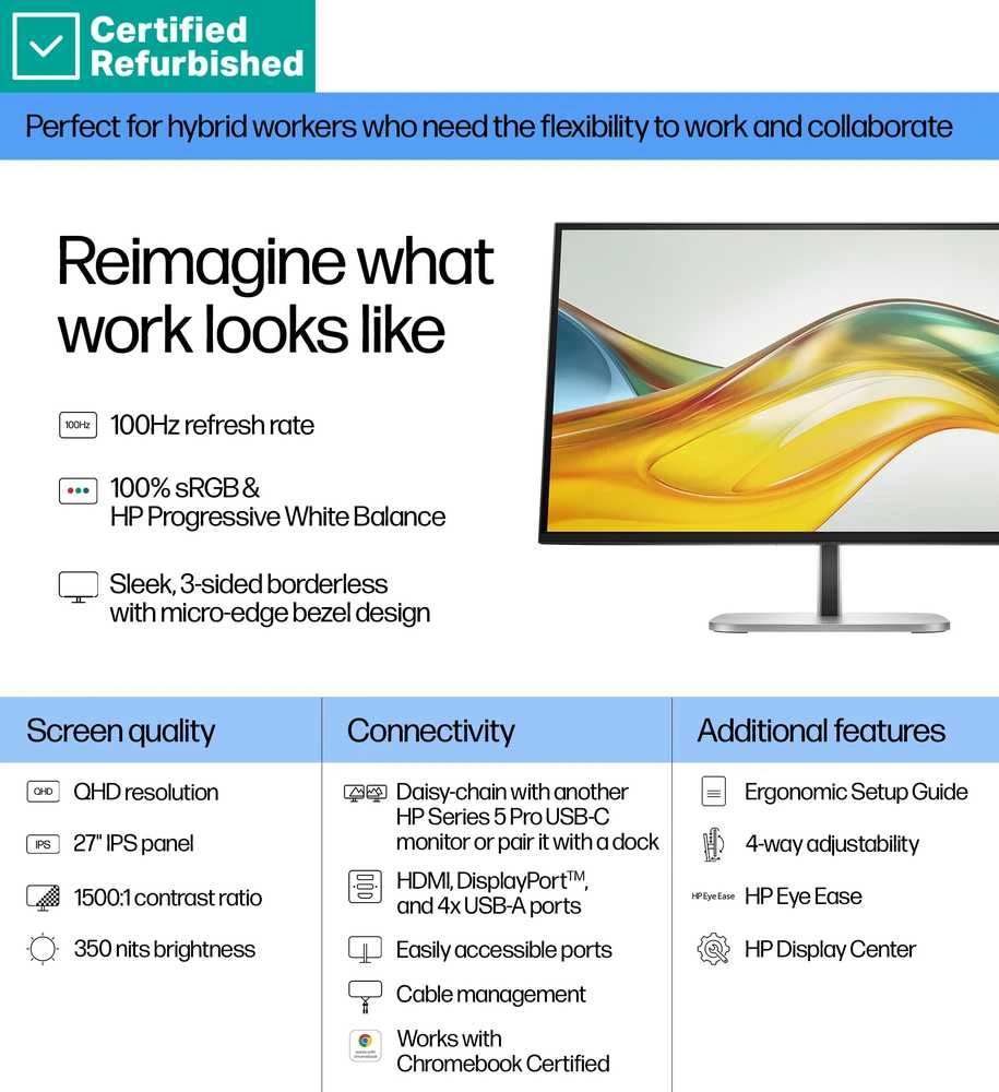 Hewlett Packard (HP) RENEW Sidabrinis HP 527pq Series 5 Pro QHD Monitorius - 27" 2560x1440 QHD 350-nit 100Hz AG, IPS, HDMI/DisplayPort, 4x USB-A, height adjustable/tilt/swivel/pivot, 1 metai (replaces E27q G5) (Atnaujinta)