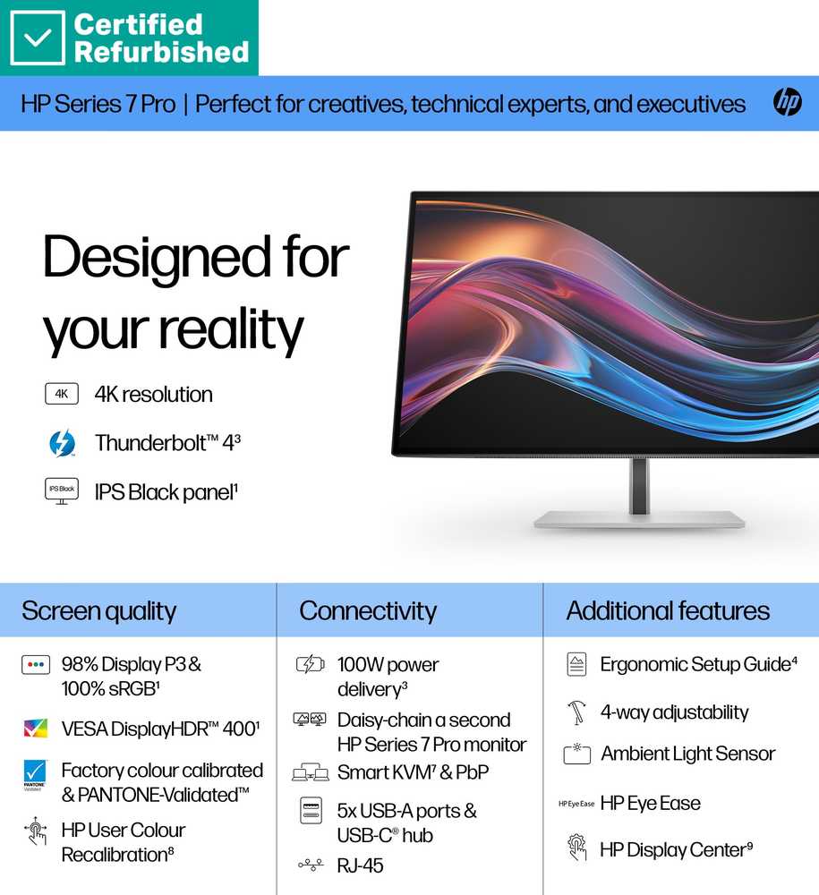 Hewlett Packard (HP) RENEW Sidabrinis HP 727pk Series 7 Pro 4K Charging Monitorius-27" 3840x2160 UHD 400-nit 60Hz AG, IPS Juodas HDR 400, USB-C(100W/15W)/HDMI/DisplayPort Daisy-Chain, 5x USB-A, RJ-45 LAN, height adjustable/tilt/swivel/pivot, 1 metai (replaces Z27k G3) (Atnaujinta)