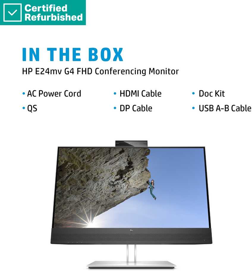Hewlett Packard (HP) RENEW Sidabrinis HP E24mv G4 FHD Conferencing Monitorius - 23.8" 1920x1080 FHD 250-nit 60Hz AG, IPS, HDMI/VGA/DisplayPort, 4x USB-A, speakers, 5MP webcam, height adjustable/tilt/swivel/pivot, 1 metai (Atnaujinta)