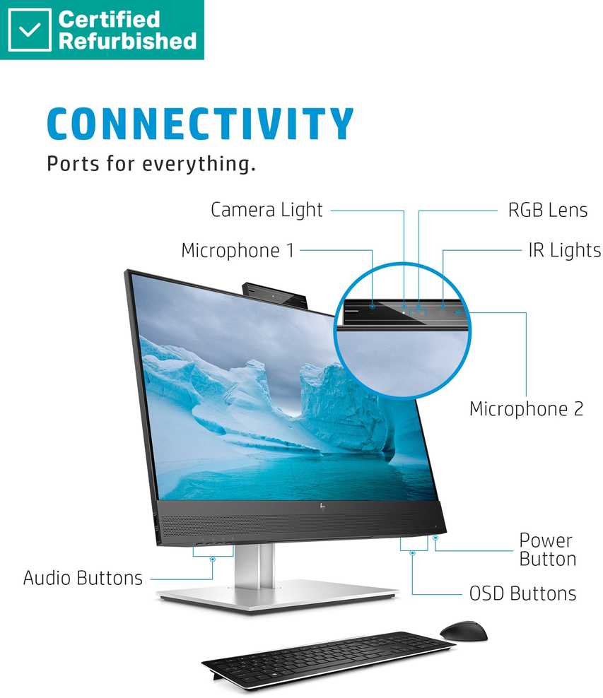 Hewlett Packard (HP) RENEW Sidabrinis HP E24mv G4 FHD Conferencing Monitorius - 23.8" 1920x1080 FHD 250-nit 60Hz AG, IPS, HDMI/VGA/DisplayPort, 4x USB-A, speakers, 5MP webcam, height adjustable/tilt/swivel/pivot, 1 metai (Atnaujinta)