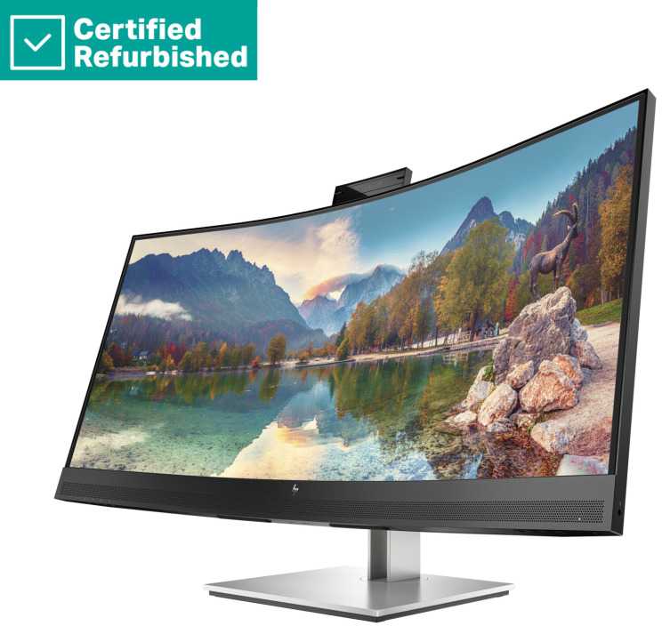 Hewlett Packard (HP) RENEW Sidabrinis HP E34m G4 Curved Conferencing Monitorius - 34" 3440x1440 WQHD 400-nit 75Hz AG, Curved, VA, USB-C(65W)/HDMI/DisplayPort, 4x USB-A, speakers, 5MP webcam, RJ-45 LAN, height adjustable/tilt/swivel, 1 metai (Atnaujinta)