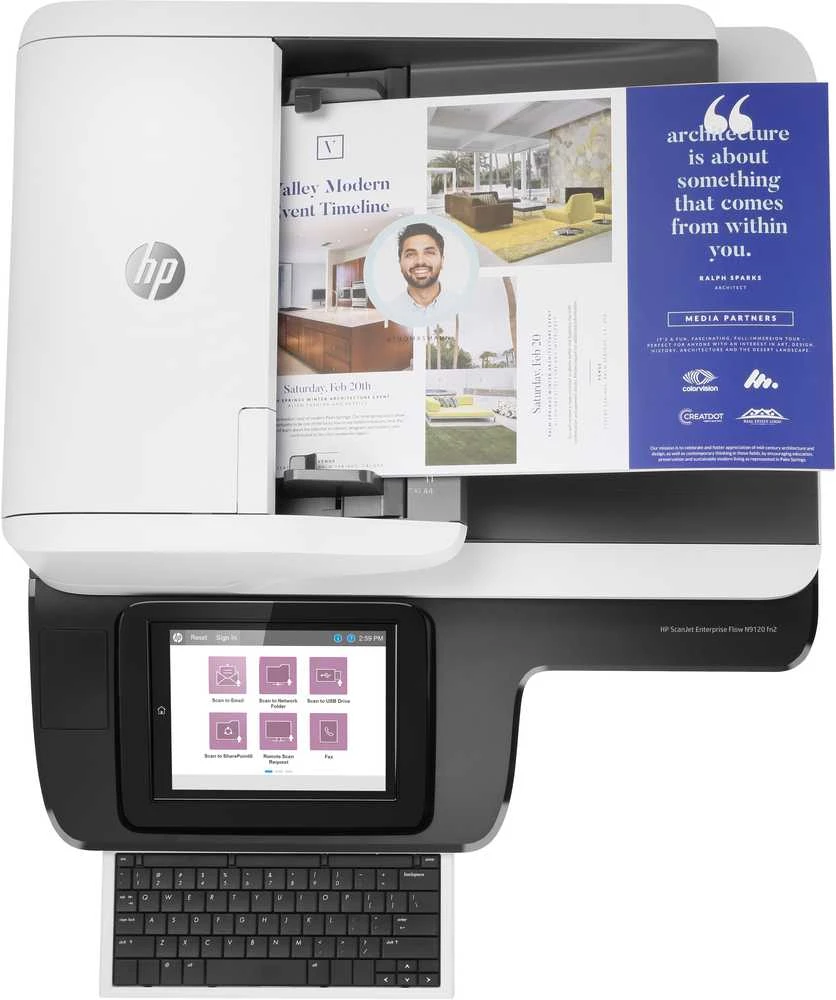 Skeneris Hewlett Packard (HP) „HP ScanJet Enterprise Flow N9120 fn2“ skaitytuvas / dokumentų darbo stotis – A3 spalvinis 600 dpi, plokščiasis / lapų tiektuvas, automatinis dokumentų tiektuvas, automatinis dvipusis skenavimas, OCR / nuskaitymas į tekstą, 120 psl./min., 20 000 puslapių per dieną