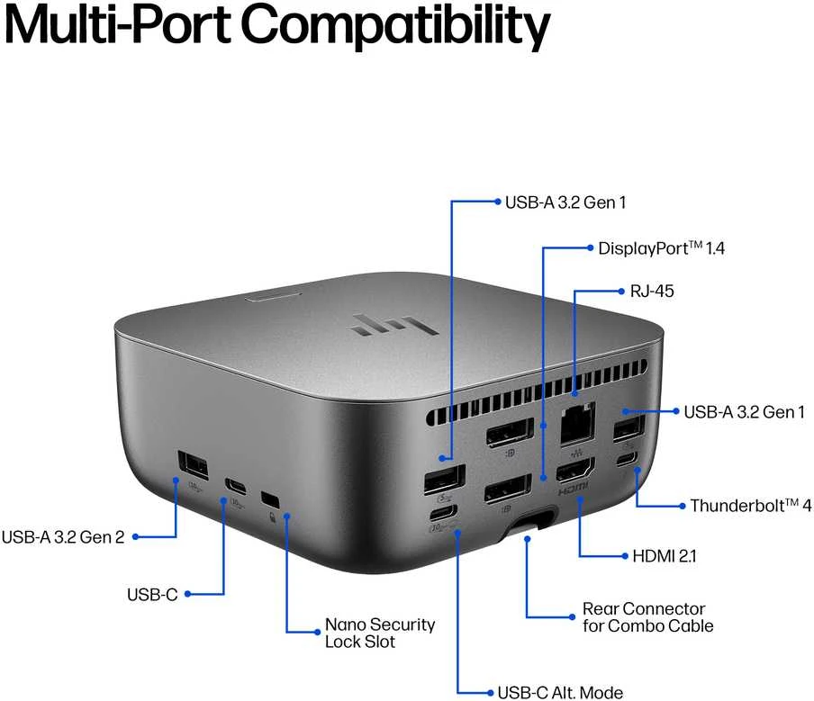 HP „Thunderbolt 4 Ultra Dock G6“ 280 W su kombinuotu kabeliu - 5x USB-A, 2x USB-C, 1x USB-C „Thunderbolt 4“, 2x DisplayPort, 1x HDMI, 1x RJ-45, „Meteor Sidabrinis“, 3 metai