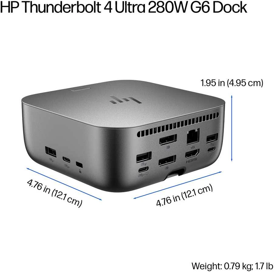 HP „Thunderbolt 4 Ultra Dock G6“ 280 W su kombinuotu kabeliu - 5x USB-A, 2x USB-C, 1x USB-C „Thunderbolt 4“, 2x DisplayPort, 1x HDMI, 1x RJ-45, „Meteor Sidabrinis“, 3 metai