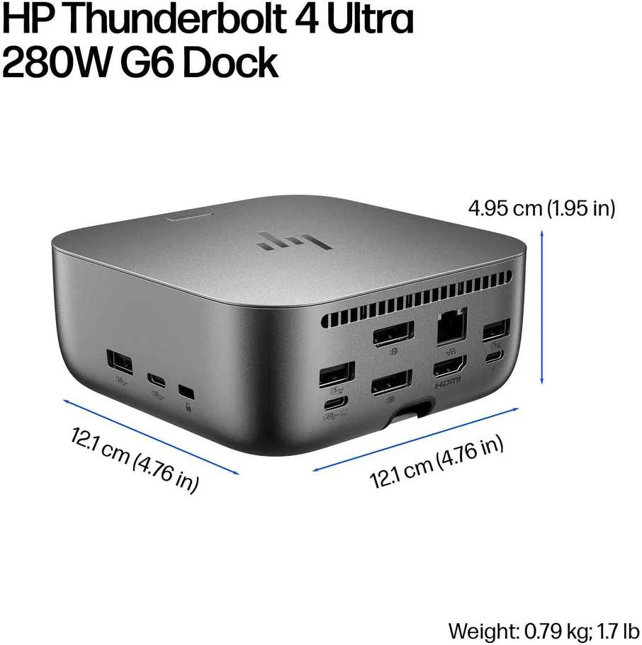 HP „Thunderbolt 4 Ultra Dock G6“ 280 W su kombinuotu kabeliu - 5x USB-A, 2x USB-C, 1x USB-C „Thunderbolt 4“, 2x DisplayPort, 1x HDMI, 1x RJ-45, „Meteor Sidabrinis“, 3 metai