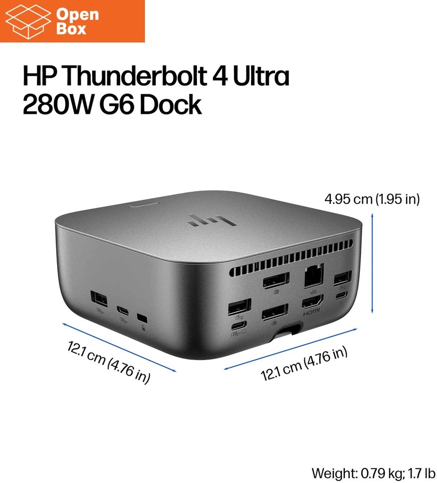 HP Thunderbolt 4 Ultra Dock - OPENBOX - G6 280W w/Combo Cable - 5x USB-A, 2x USB-C, 1x USB-C Thunderbolt 4, 2x DisplayPort, 1x HDMI, 1x RJ-45, Meteor Sidabrinis, 3 metai (Pažeista pakuotė)