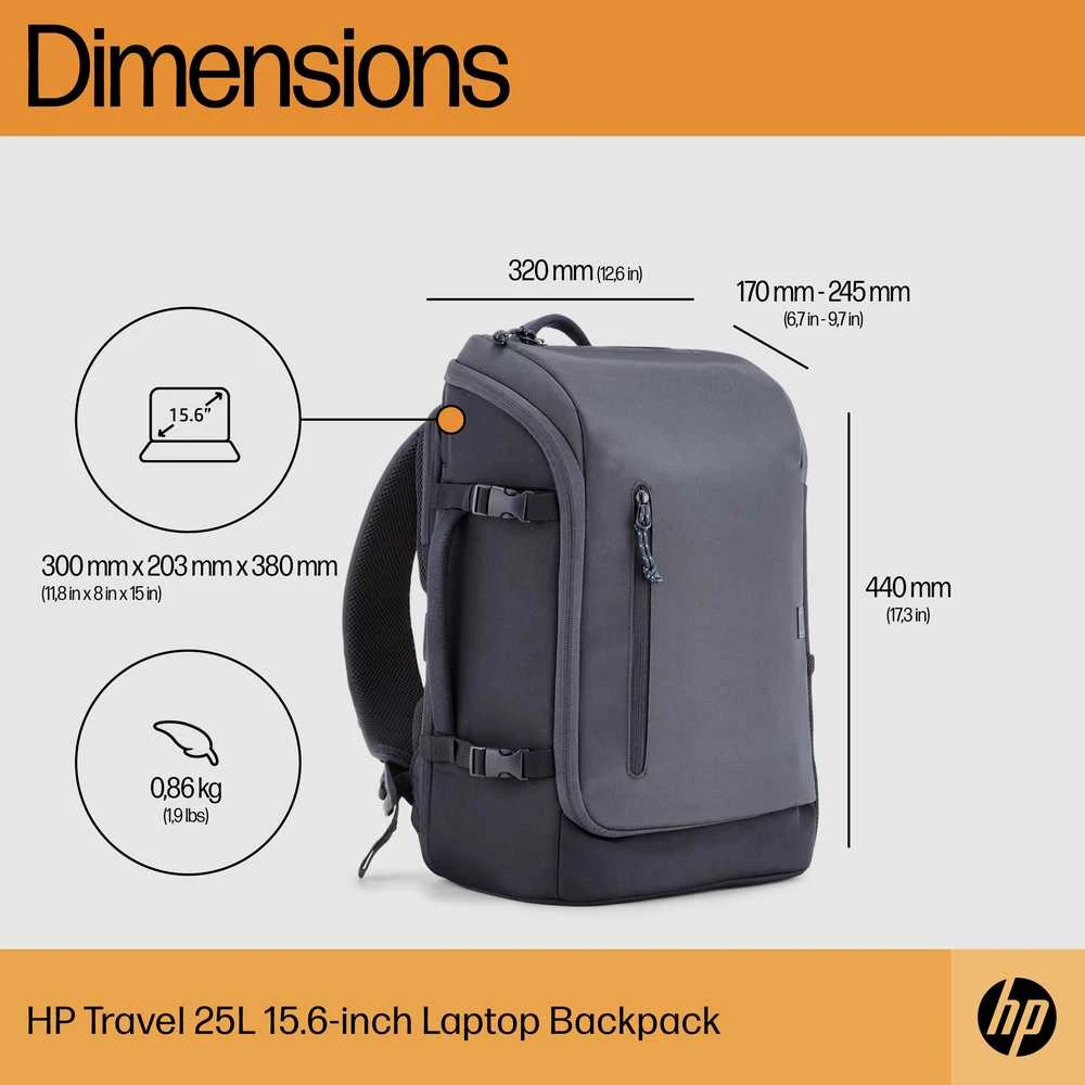 Hewlett Packard (HP) HP Travel 15.6 kuprinė, 25 litrų talpa, RFID ir Bluetooth sekimo kišenė - Pilkas