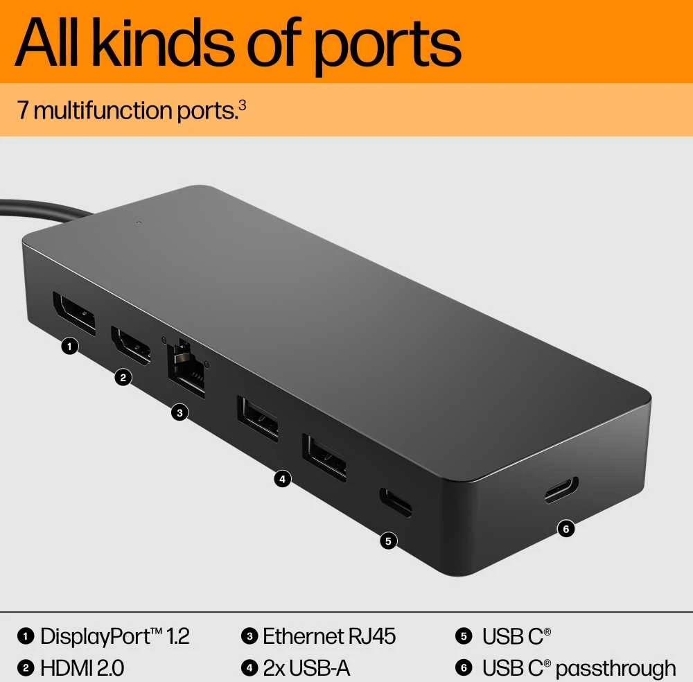 HP universalus USB-C kelių prievadų šakotuvas su 65 W maitinimo adapteriu ir nešiojamojo kompiuterio įkrovikliu - 2x USB-A, 2x USB-C (65 W / duomenys), DisplayPort/HDMI, RJ-45, 1 metai